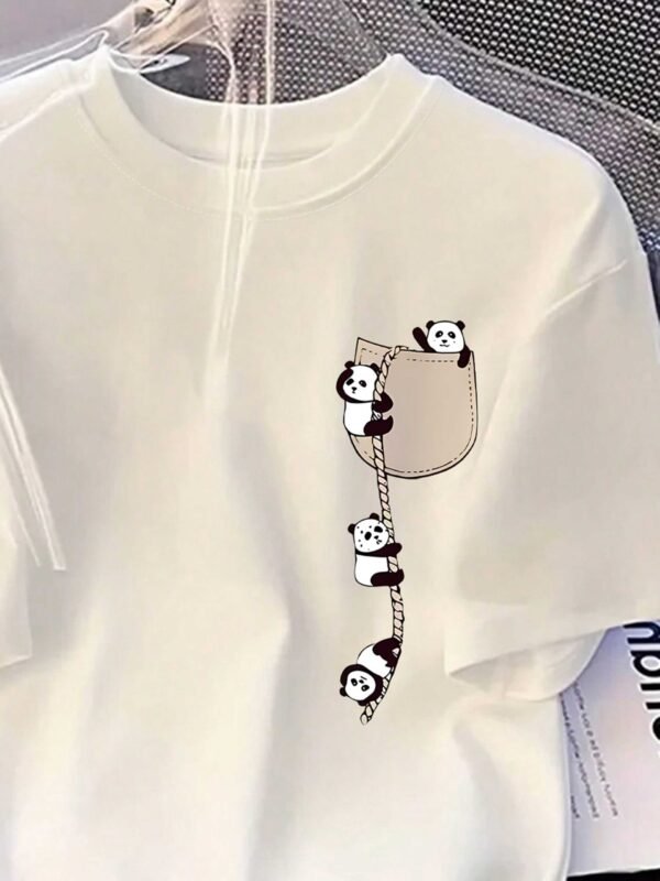 Trendy Panda Print Tee – Cute Round Neck Summer Casual Top