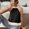 Ruffled Pleated Backless Shirt Elegant Black Casual Top