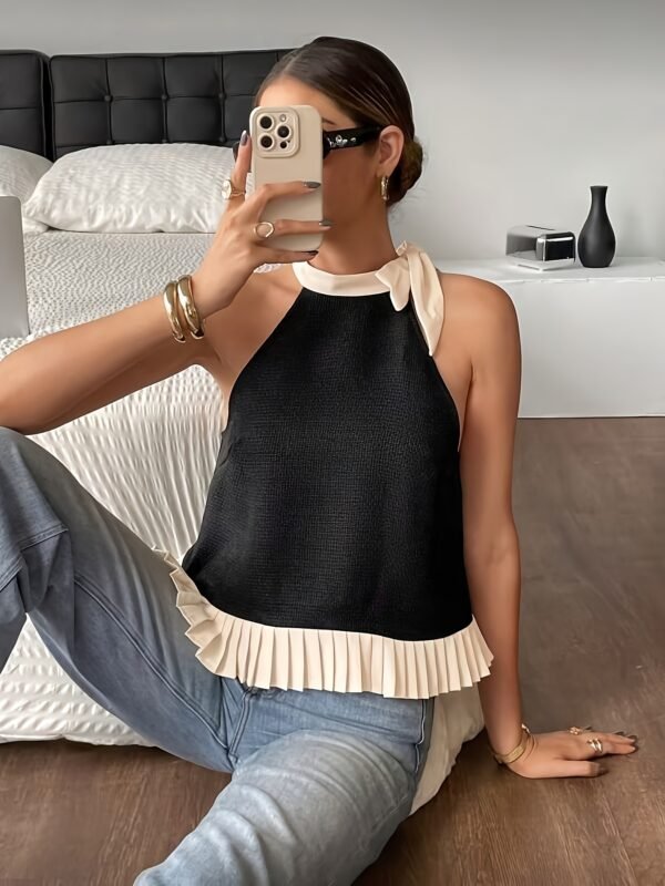 Ruffled Pleated Backless Shirt Elegant Black Casual Top