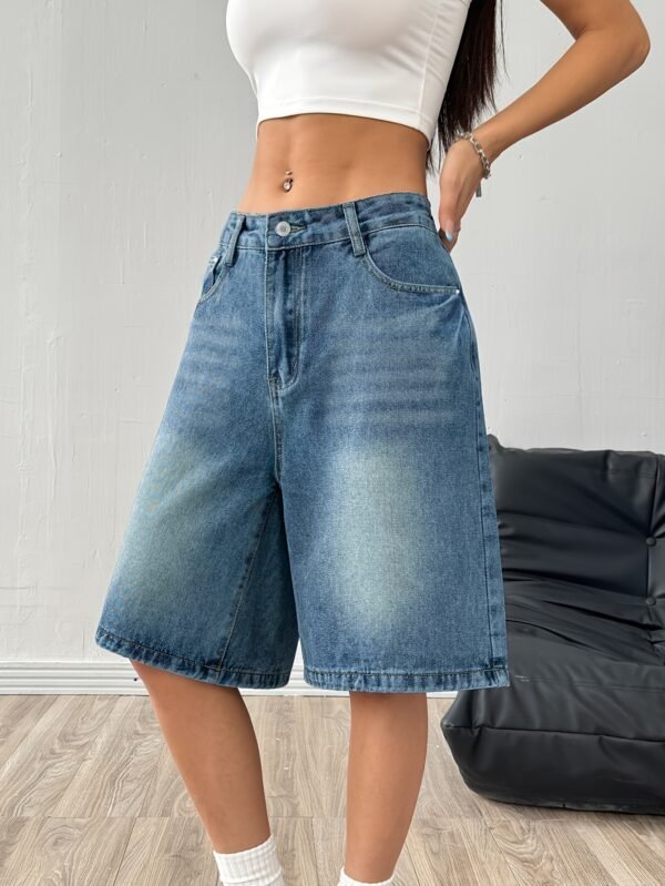 Vintage Wash Denim Shorts Loose Fit Wide-Leg Casual Bottom