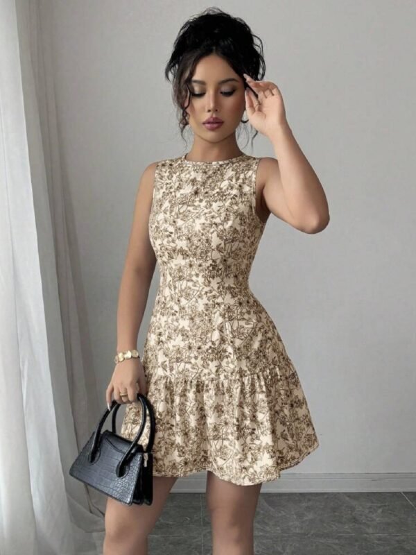 Elegant Floral Sleeveless Dress Waist-Cinching Date Outfit