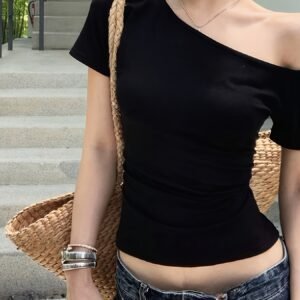 5a3ea3db-7dd9-47ca-b881-e9659a13c0a2.jpg Asymmetric Collar Short-sleeved Top for Fashionable Women