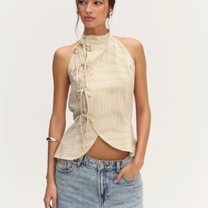 Linen-Feel Backless Halter Top Slim Fit Sleeveless Summer Chic