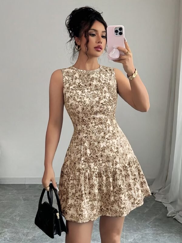 Elegant Floral Sleeveless Dress Waist-Cinching Date Outfit