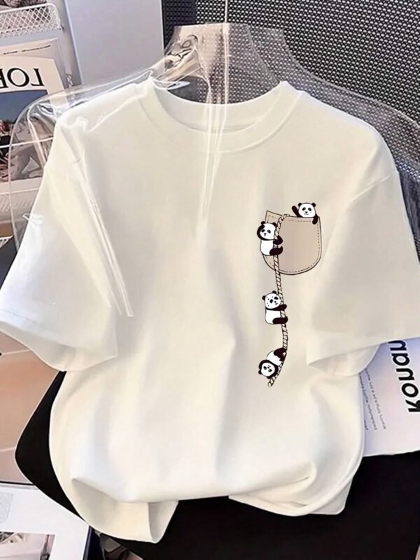 Trendy Panda Print Tee – Cute Round Neck Summer Casual Top