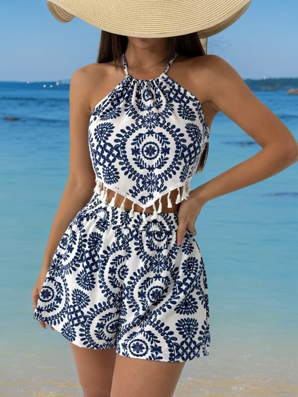 a4b6fe19-1be9-434b-87f9-e886c4416fe1.jpg Blue and White Full-print Pattern Neck Halter Suspender Shorts 2pcs Set