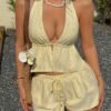 Yellow Stripe Strapless 2-Piece Set Tie-Front Top & Drawstring Shorts