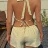 Yellow Stripe Strapless 2-Piece Set Tie-Front Top & Drawstring Shorts