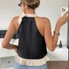 Ruffled Pleated Backless Shirt Elegant Black Casual Top