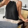 Ruffled Pleated Backless Shirt Elegant Black Casual Top